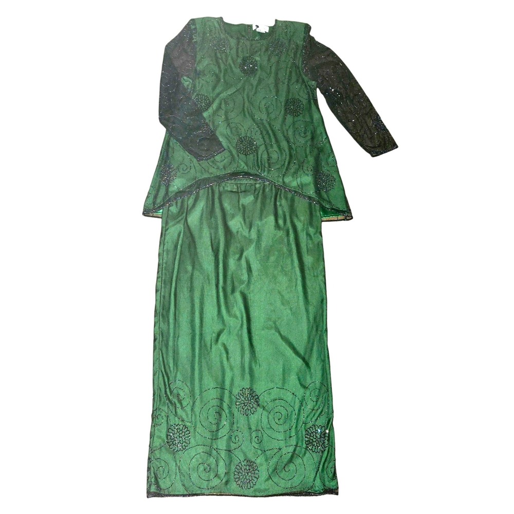 Essence by Mail‎ 2 Piece VTG Skirt Set Womens 14 Emerald Beaded Tunic Maxi Skirt